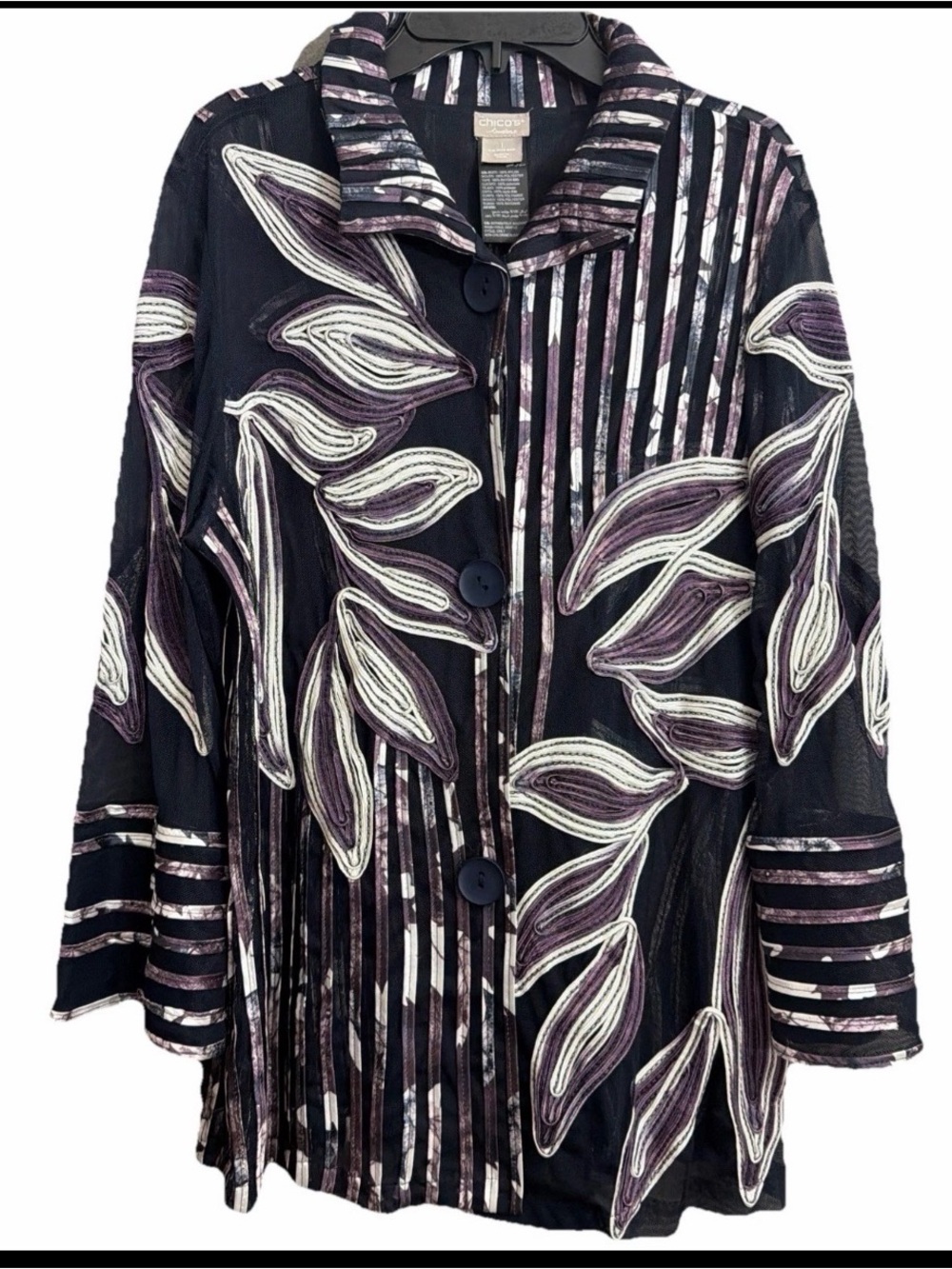 Chico's Travelers Collection Embroidered Sheer Mesh Stripe Shirt Jacket